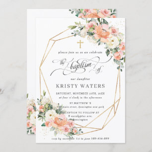 Invitation Peach Ivory Pink Floral Greenerm Baptism Géométriq