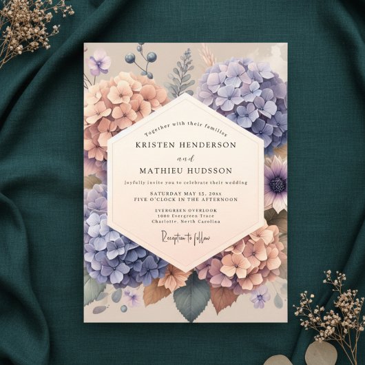 Invitation Peach Lavender Hydrangea Floral Wedding