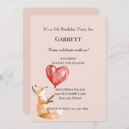 Invitation Peach mignonne Renard des bois Coeurs rouges Anniv (Devant / Derrière)