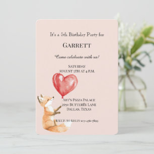 Invitation Peach mignonne Renard des bois Coeurs rouges Anniv
