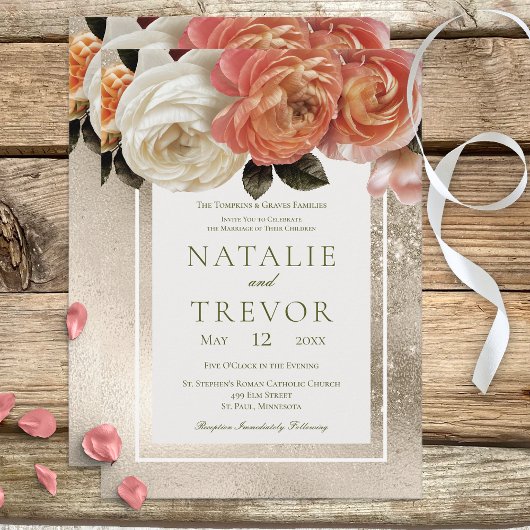 Invitation Peach Mimosa Blooms Gold Floral Mariage
