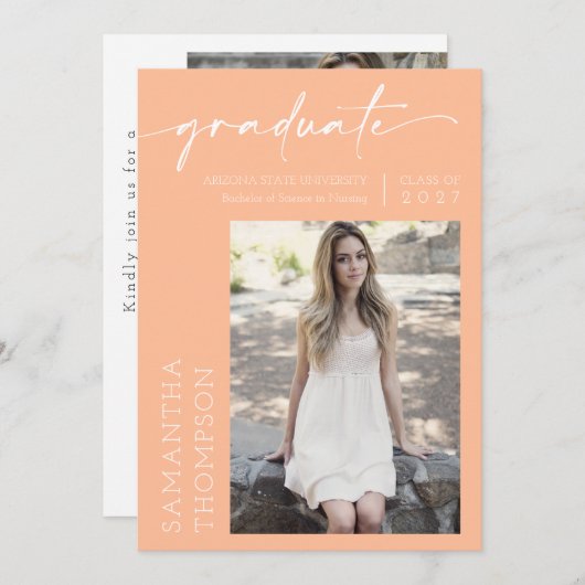 Invitation Peach Minimal Script Two Photo Graduation Party (Devant / Derrière)