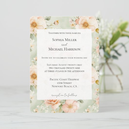Invitation Peach Mint Pretty Rose Floral Wedding (Debout devant)
