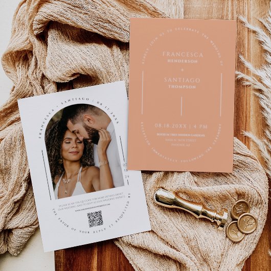 Invitation Peach Modern Arch Code QR Mariage Photo
