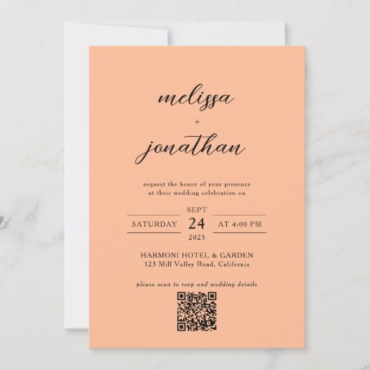 Invitation Peach Modern Photo Script Monogramme Code QR Maria (Devant)