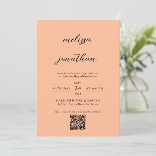 Invitation Peach Modern Photo Script Monogramme Code QR Maria (Debout devant)