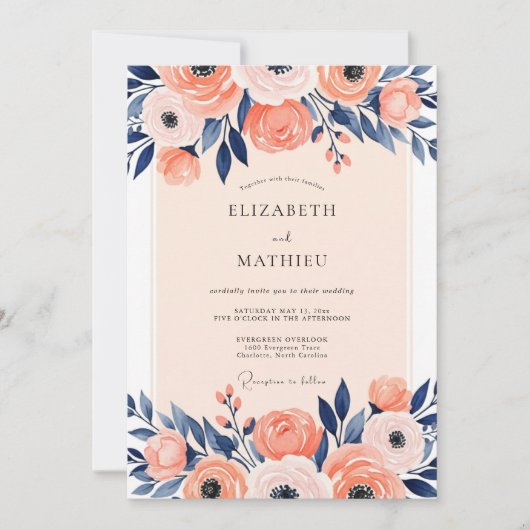 Invitation Peach Navy Illustrative Spring Wedding (Devant)