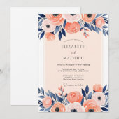 Invitation Peach Navy Illustrative Spring Wedding (Devant / Derrière)