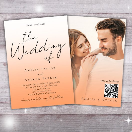 Invitation Peach Orange Fuzz Elegant Photo QR Code Mariage