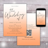 Invitation Peach Orange Fuzz Script Elegant QR Code Mariage