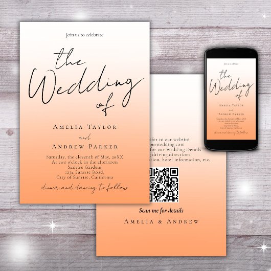 Invitation Peach Orange Fuzz Script Elegant QR Code Mariage