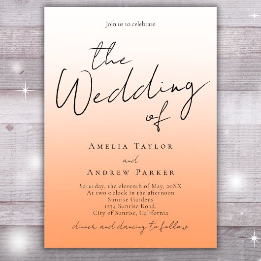 Invitation Peach Orange Fuzz Script Elegant QR Code Mariage