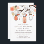 Invitation Peach Orange Hanging Mason Jars Mariage<br><div class="desc">Célébrez votre histoire d'amour avec notre faire-part de mariage personnalisable de bocaux de mason avec des bocaux de mason délicats, des fleurs romantiques et des petits oiseaux sucrés. Ce faire-part de mariage romantique est parfait pour les mariages rustiques, vintages, de jardin ou de printemps et ajoute une touche d'élégance fantaisiste...</div>
