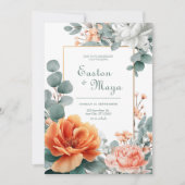 Invitation Peach Orange Peony Eucalyptus Gold Frame (Devant)