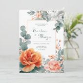 Invitation Peach Orange Peony Eucalyptus Gold Frame (Debout devant)