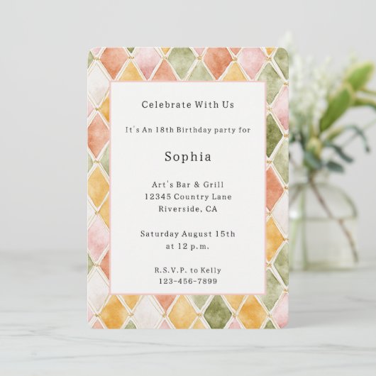 Invitation Peach Orange Vert Jaune Blush Rose Anniversaire (Debout devant)