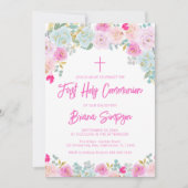 Invitation Peach Peach Rose Floral Première Communion Sainte (Devant)