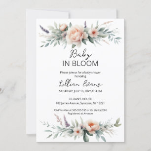 Invitation Peach Peonies doux bébé dans le Baby shower en fle