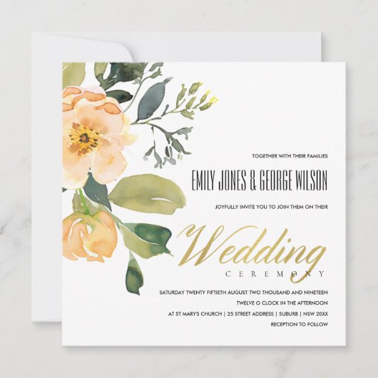 INVITATION PEACH PEONY DOUX FLORAL BUNCH MARIAGE DE COULEUR D (Devant)