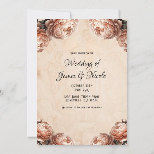 Invitation Peach Peony Flowers Vinage Rustique Mariage (Devant)