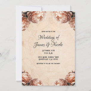 Invitation Peach Peony Flowers Vinage Rustique Mariage