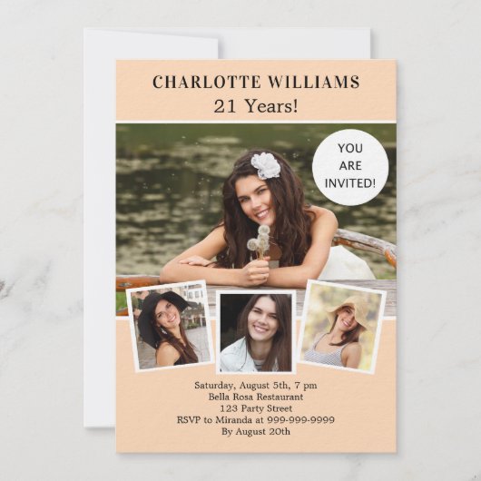 Invitation Peach photo collage luxe anniversaire (Devant)