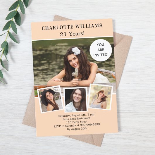 Invitation Peach photo collage luxe anniversaire