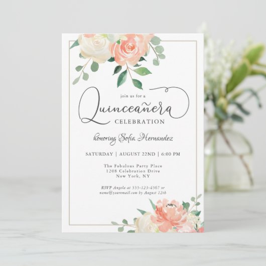 Invitation Peach Pink and White Elegant Quinceanera Party (Debout devant)