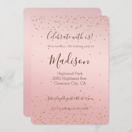Invitation Peach Pink Blush Gold Glitz Confetti Sparkhe (Devant / Derrière)