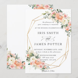 Invitation Peach Pink Blush Ivory Floral Mariage géométrique