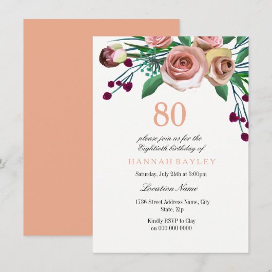 Invitation Peach Pink Burgundy Rose 80e anniversaire Invitati (Devant / Derrière)