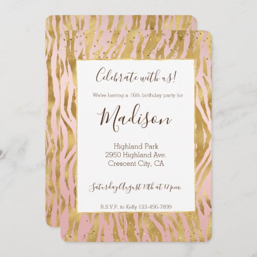 Invitation Peach Pink Gold Glitz Sparkle Zebra Print (Devant / Derrière)