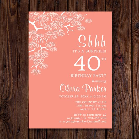 Invitation Peach Pink Pine Branch Surprise 40e anniversaire