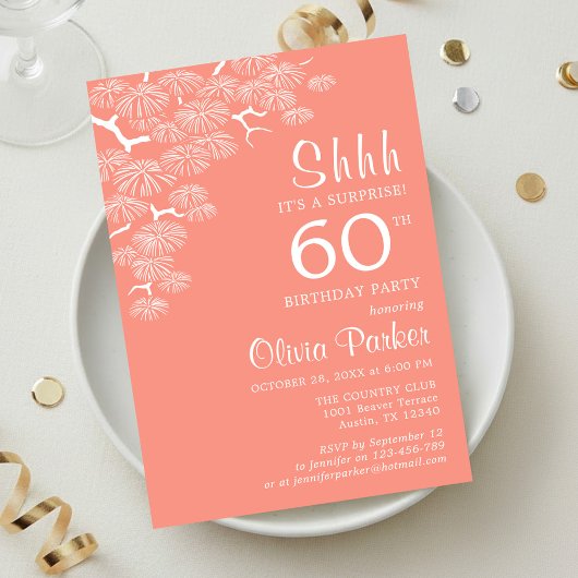 Invitation Peach Pink Pine Branch Surprise 60th Birthday