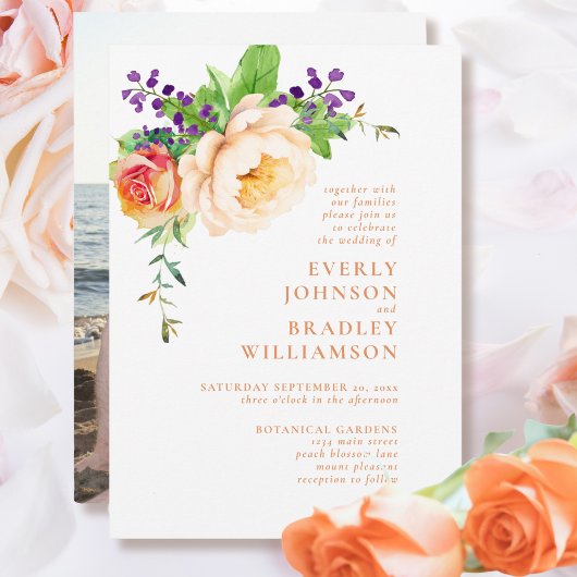 Invitation Peach Purple Aquarelle Florale Romantique Mariage