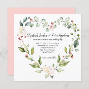 Invitation Peach Rose Blanc Vert Floral Coeur Mariage de cour