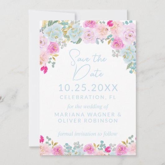 Invitation Peach Rose bleu violet Enregistrer la date (Devant)