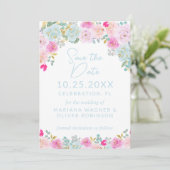 Invitation Peach Rose bleu violet Enregistrer la date (Debout devant)