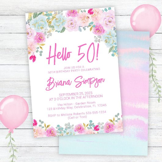 Invitation Peach Rose bleu violet Floral 50e fête d'anniversa