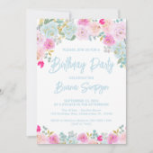 Invitation Peach Rose bleu violet Floral fête d'anniversaire (Devant)