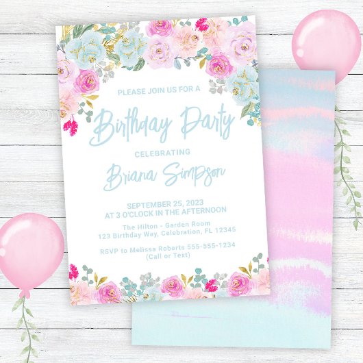 Invitation Peach Rose bleu violet Floral fête d'anniversaire