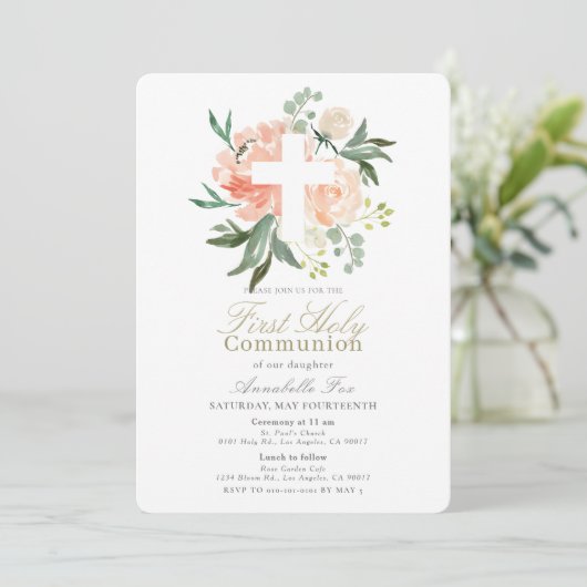 Invitation Peach Rose Croix Blanche Fille Première Sainte Com (Debout devant)