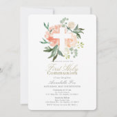 Invitation Peach Rose Croix Blanche Fille Première Sainte Com (Devant)