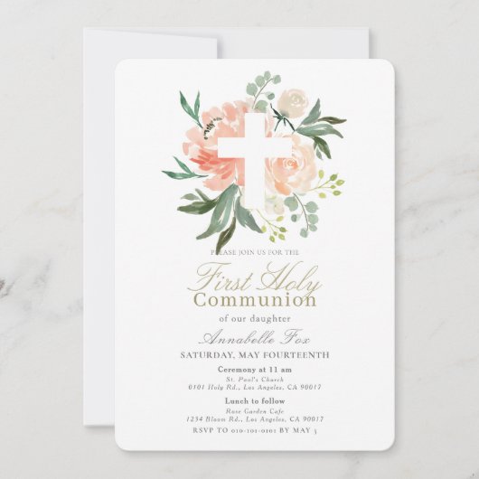 Invitation Peach Rose Croix Blanche Fille Première Sainte Com (Devant)