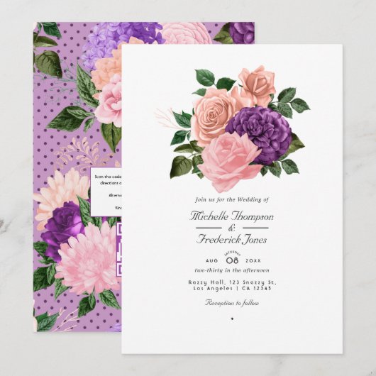 Invitation Peach rose et Lavender violet Mariage floral (Devant / Derrière)