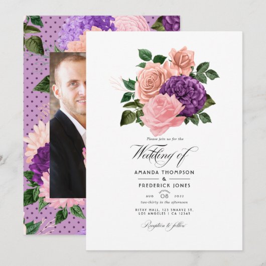 Invitation Peach rose et Lavender violet Mariage floral (Devant / Derrière)