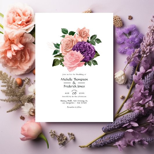 Invitation Peach rose et Lavender violet Mariage floral