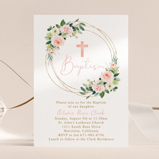 Invitation Peach rose Floral Baptême Or Cadre