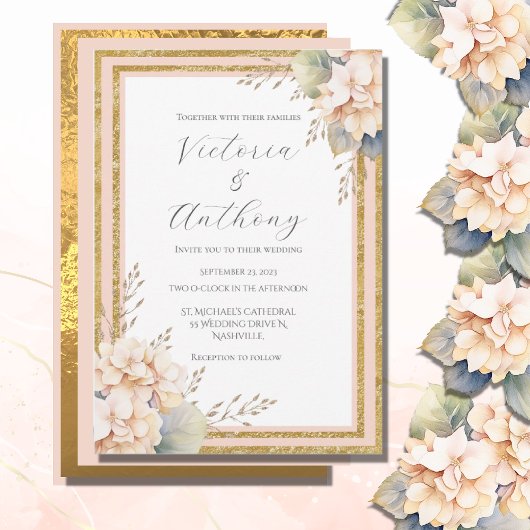 Invitation Peach rose Floral Hydrangea Or Mariage moderne