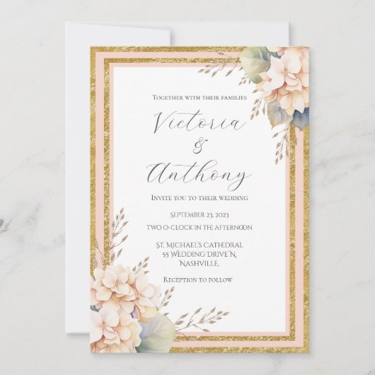 Invitation Peach rose Floral Peony Or Mariage moderne (Devant)